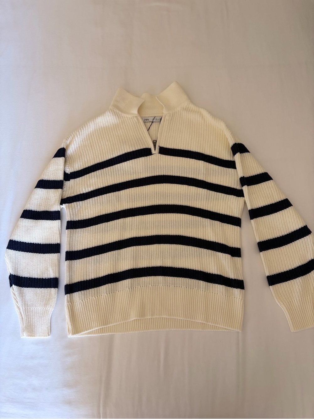Zara boys Cream and Navy Striped Half-Zip Sweater